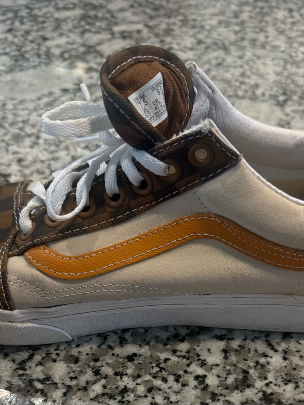 Unisex Vans Brown Checkerboard Sneakers with Tan Stripe - Picture 5 of 10